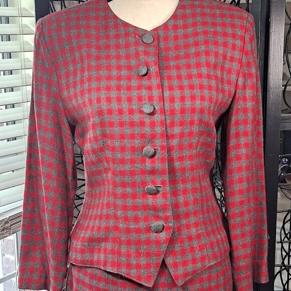 Christy Girl 2 Piece Skirt Suit Red/Gray Check 90's Shoulder Pads Pencil Skirt - Picture 2 of 15
